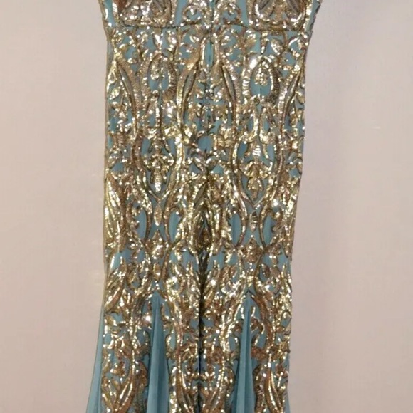 R & M Richard Long beaded Sequin Evening Slate blue/Gold Maxi Dress, sz 12 - Picture 7 of 10
